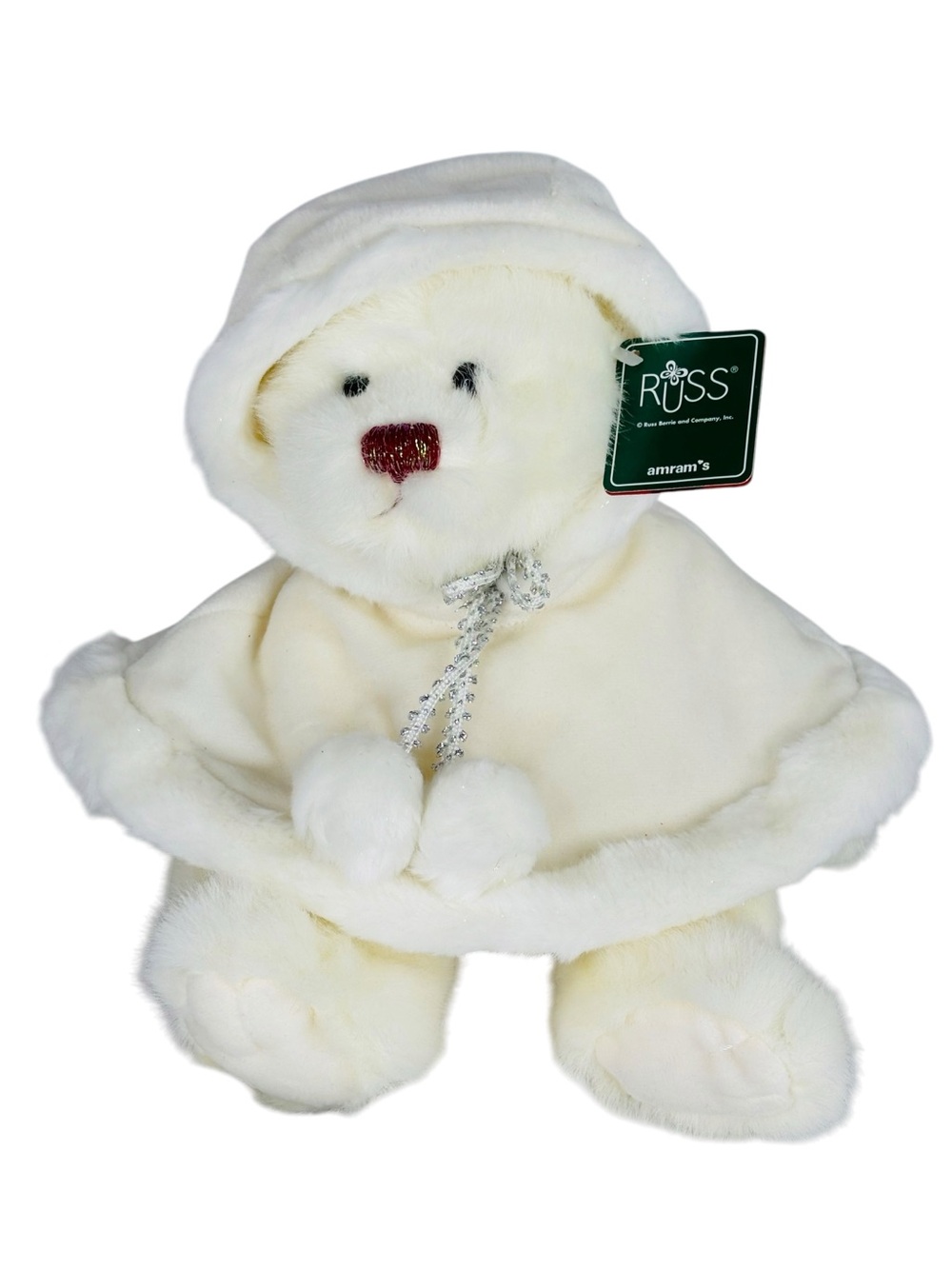 Russ Berrie Sparkly Red Nose Sugar Plum Bear Wearing White Velvet Faux Fur Cape